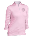 A light pink long-sleeve quarter-zip athletic top with a circular chest logo that reads equestrian lifestyle' and , shown on a plain white background.