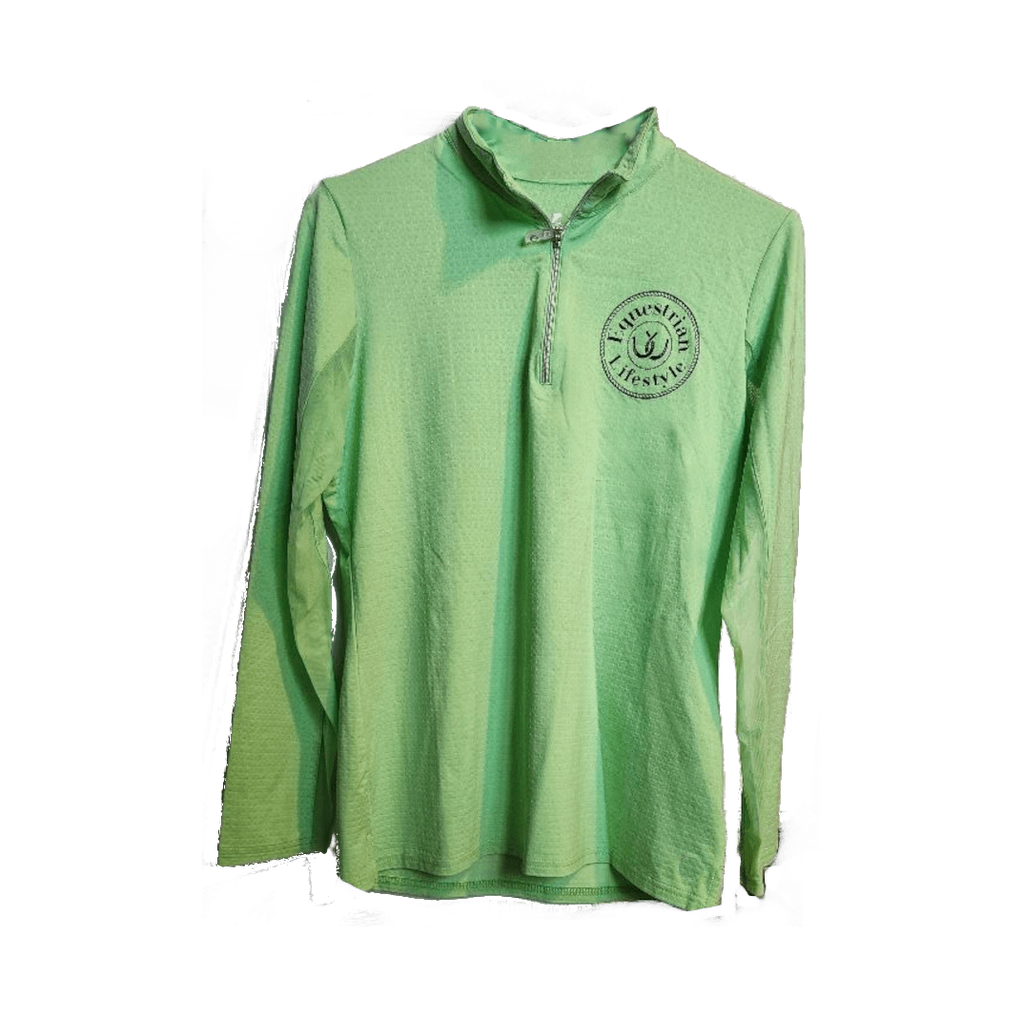 A light green long-sleeve quarter-zip pullover shirt with a circular 'equestrian lifestyle' logo on the left chest, shown against a white background.