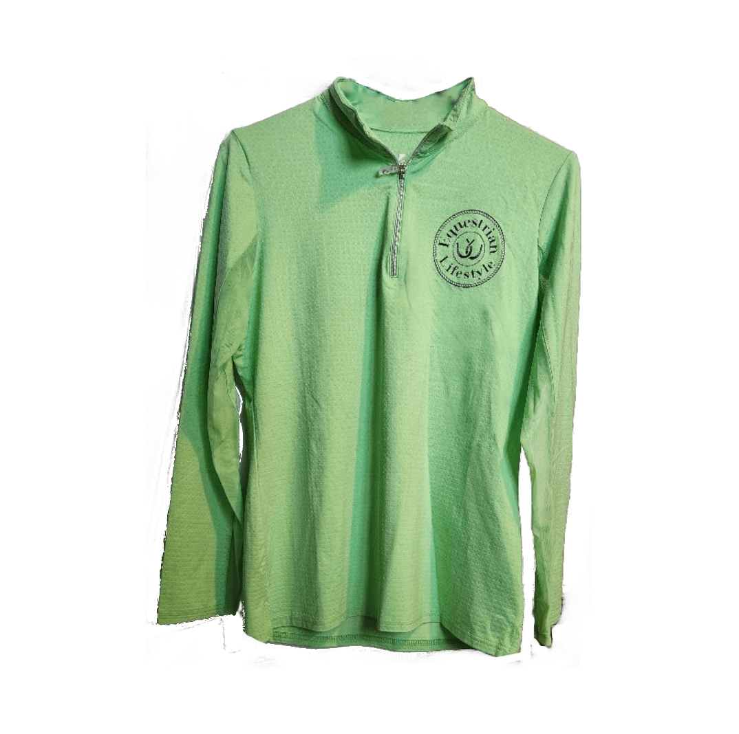 A light green long-sleeve quarter-zip pullover shirt with a circular 'equestrian lifestyle' logo on the left chest, shown against a white background.
