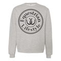 A light heather gray crewneck sweatshirt featuring a large black circular graphic on the chest with the words 'Equestrian Lifestyle' and a horseshoe and rope motif.