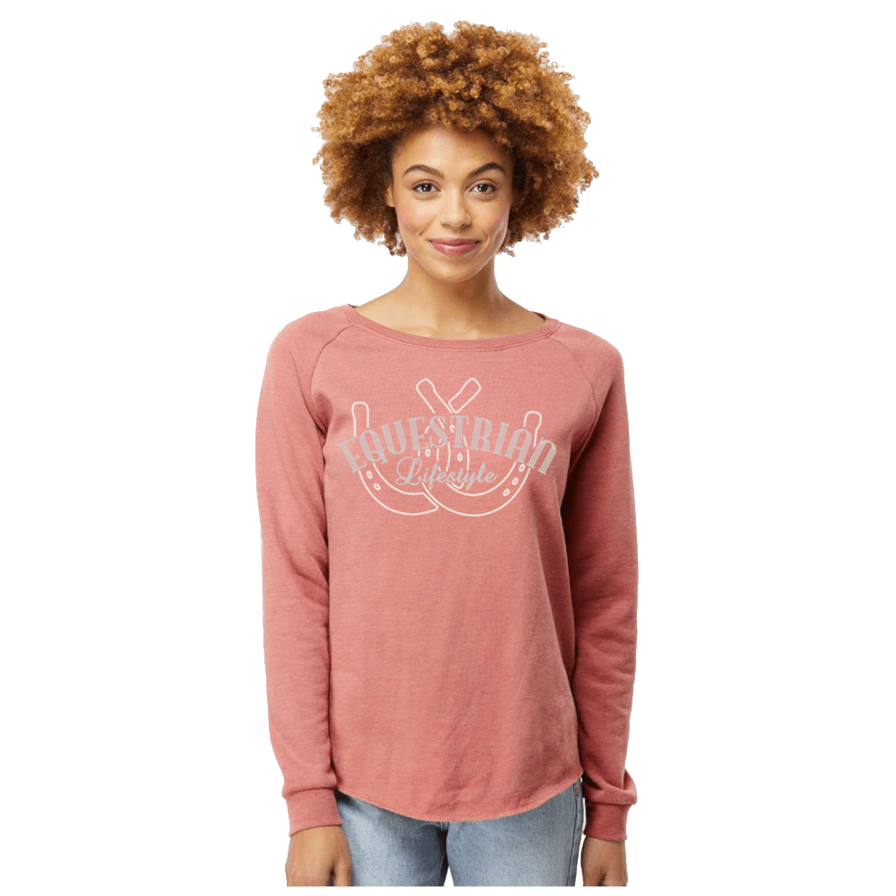 Equestrian Lifestyle Woman's Crewneck Sweatshirt – Dusty Rose California Wave Horseshoe Phrase