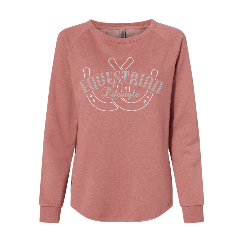 Equestrian Lifestyle Woman's Crewneck Sweatshirt – Dusty Rose California Wave Horseshoe Phrase