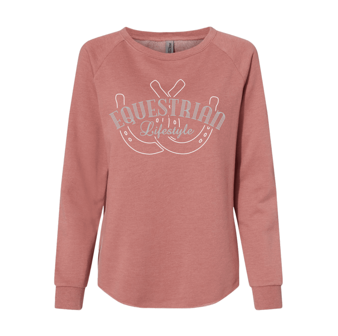 Equestrian Lifestyle Woman's Crewneck Sweatshirt – Dusty Rose California Wave Horseshoe Phrase