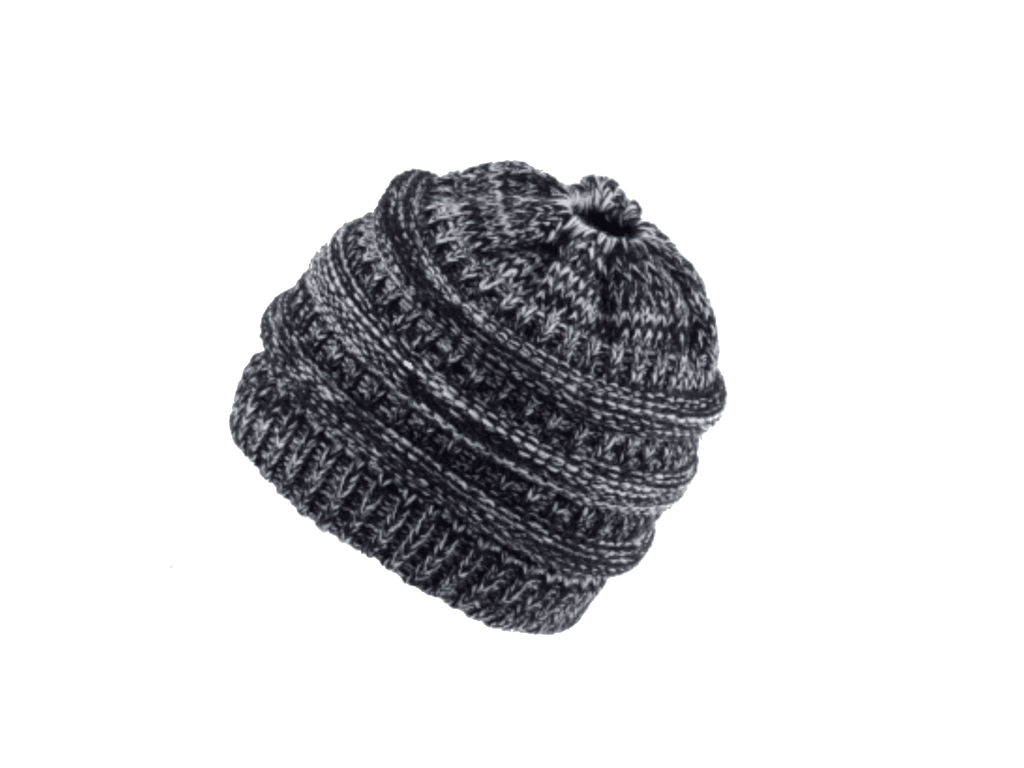 A dark gray and black marled knit beanie hat with a ribbed cuff and a small pony tail opening, shown on a plain white background.