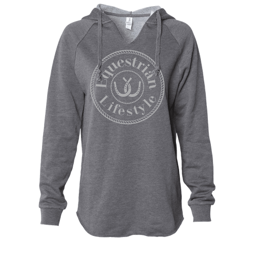 A heather gray long-sleeve hooded sweatshirt with a drawstring hood and a circular 'Equestrian Lifestyle' graphic printed on the chest, shown against a plain white background.