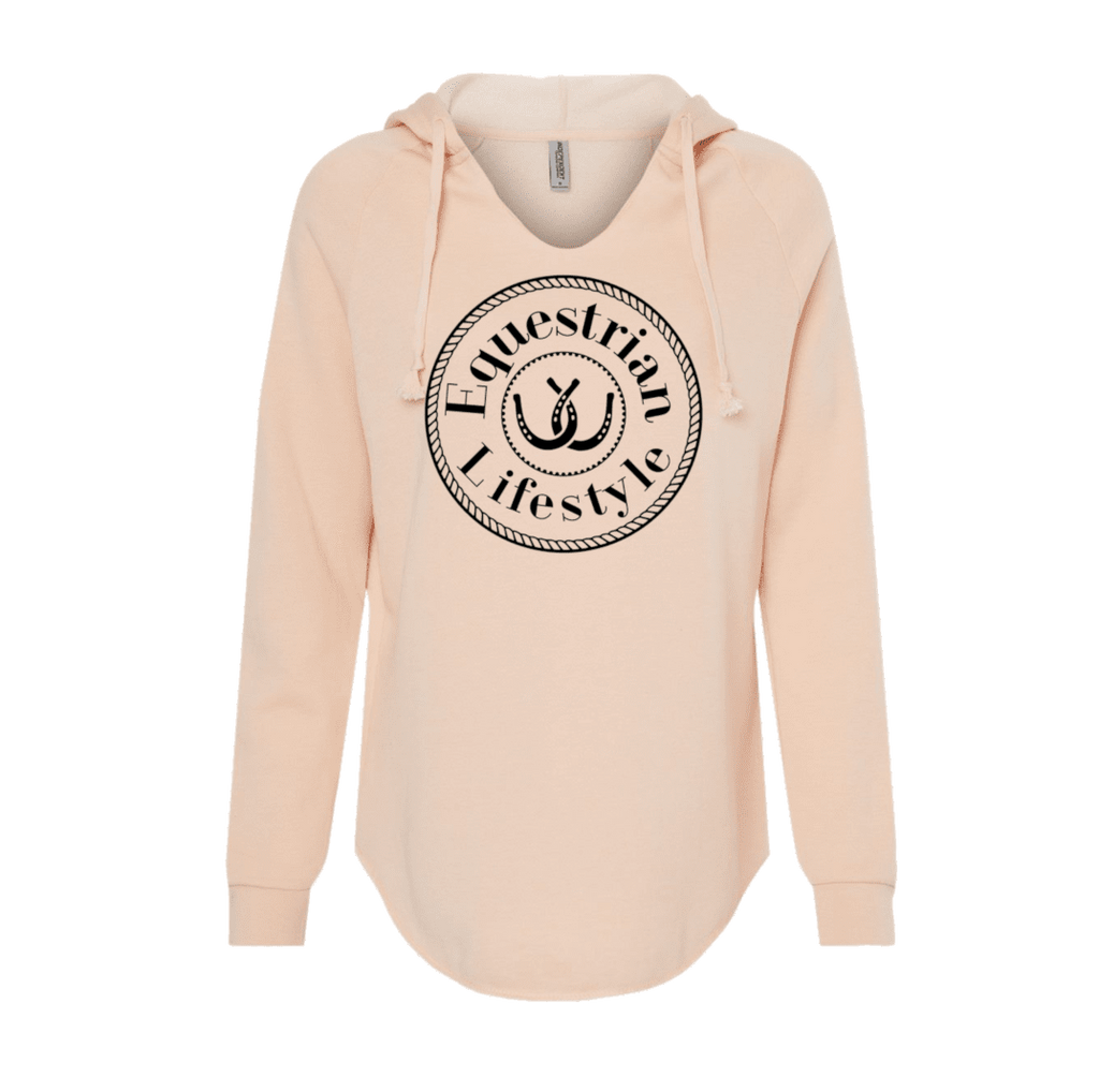 A light peach-pink pullover hoodie with a black circular graphic on the chest reading 'Equestrian Lifestyle' around a horseshoe, shown on a plain white background.