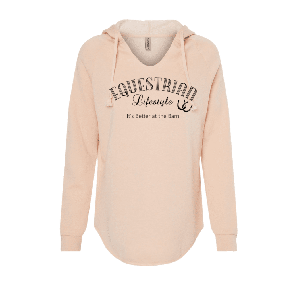 A light peach-pink hooded sweatshirt with 'EQUESTRIAN Lifestyle &' and 'It's Better at the Barn' printed in black on the front, displayed on a clean white background.