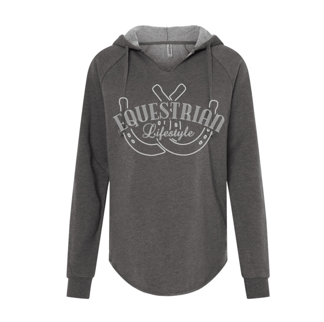 A dark heather gray long-sleeve hoodie with a light gray graphic on the front that reads 'EQUESTRIAN Lifestyle' with  a horseshoe design, shown on a plain white background.