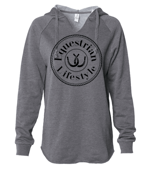 A heather gray pullover hoodie with a black circular graphic on the chest that reads 'Equestrian Lifestyle' around an horseshoe illustration. The hoodie features a V-neck, drawstring hood, and raglan sleeves, shown against a plain white background.