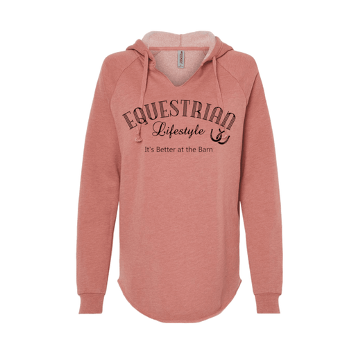A dusty rose heathered pullover hoodie with a drawstring hood and raglan sleeves, featuring the text 'EQUESTRIAN Lifestyle & It's Better at the Barn' printed in black on the chest.