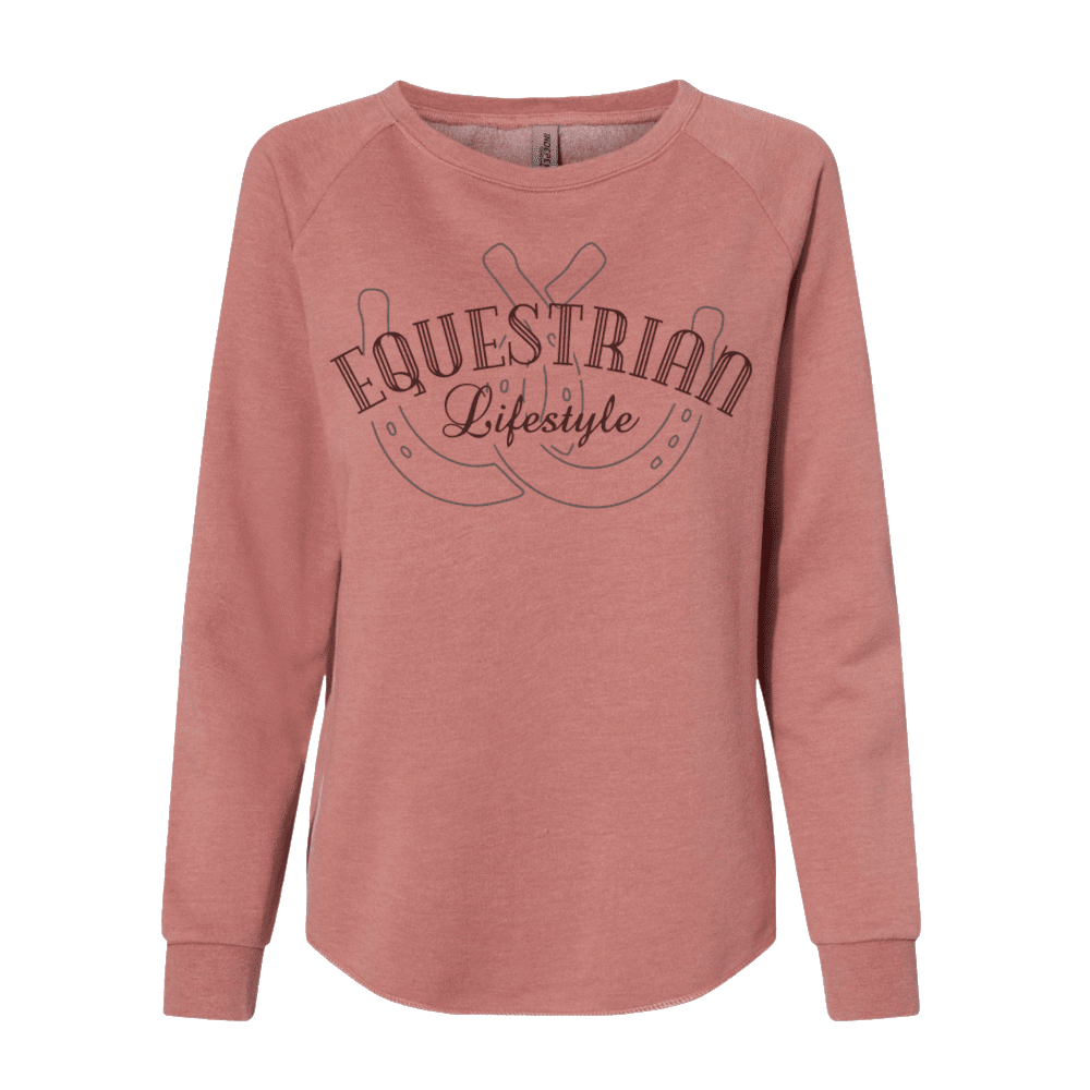 Equestrian Lifestyle Woman's Crewneck Sweatshirt – Dusty Rose California Wave Horseshoe Phrase