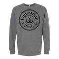 A heather gray crewneck sweatshirt featuring a black circular graphic on the chest with the words 'Equestrian Lifestyle' and a horseshoe symbol.