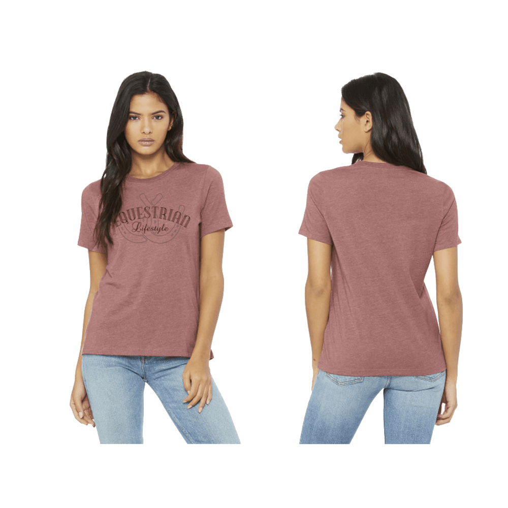 A woman modeling a heathered dusty rose short-sleeve t-shirt with a dark  equestrian lifestyle graphic print on the front, shown in both front and back views against a plain white background.