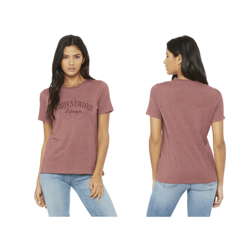 A woman modeling a heathered dusty rose short-sleeve t-shirt with a dark  equestrian lifestyle graphic print on the front, shown in both front and back views against a plain white background.