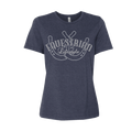 A women's short-sleeve crewneck t-shirt in heathered navy blue, featuring a white graphic print on the front with the words 'EQUESTRIAN Lifestyle'  over a horseshoe design, shown against a plain white background.