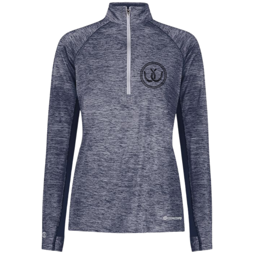 A women's heathered navy blue half-zip pullover jacket with a black circular horseshoe logo on the left chest, shown against a plain white background.