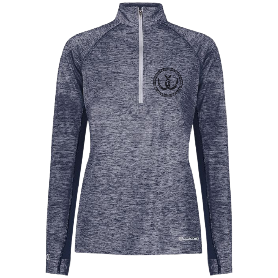 A women's heathered navy blue half-zip pullover jacket with a black circular horseshoe logo on the left chest, shown against a plain white background.