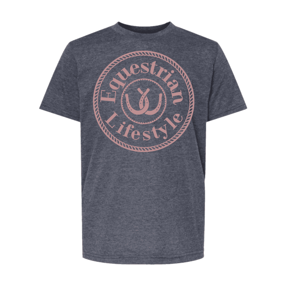Equestrian Lifestyle Youth T-Shirt – Heather Navy with Rose Gold Horseshoe