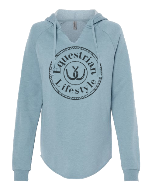 A light blue long-sleeve hoodie with a drawstring hood and a large black circular graphic on the chest reading 'Equestrian Lifestyle' around an horseshoe symbol. The hoodie is shown flat against a plain white background.