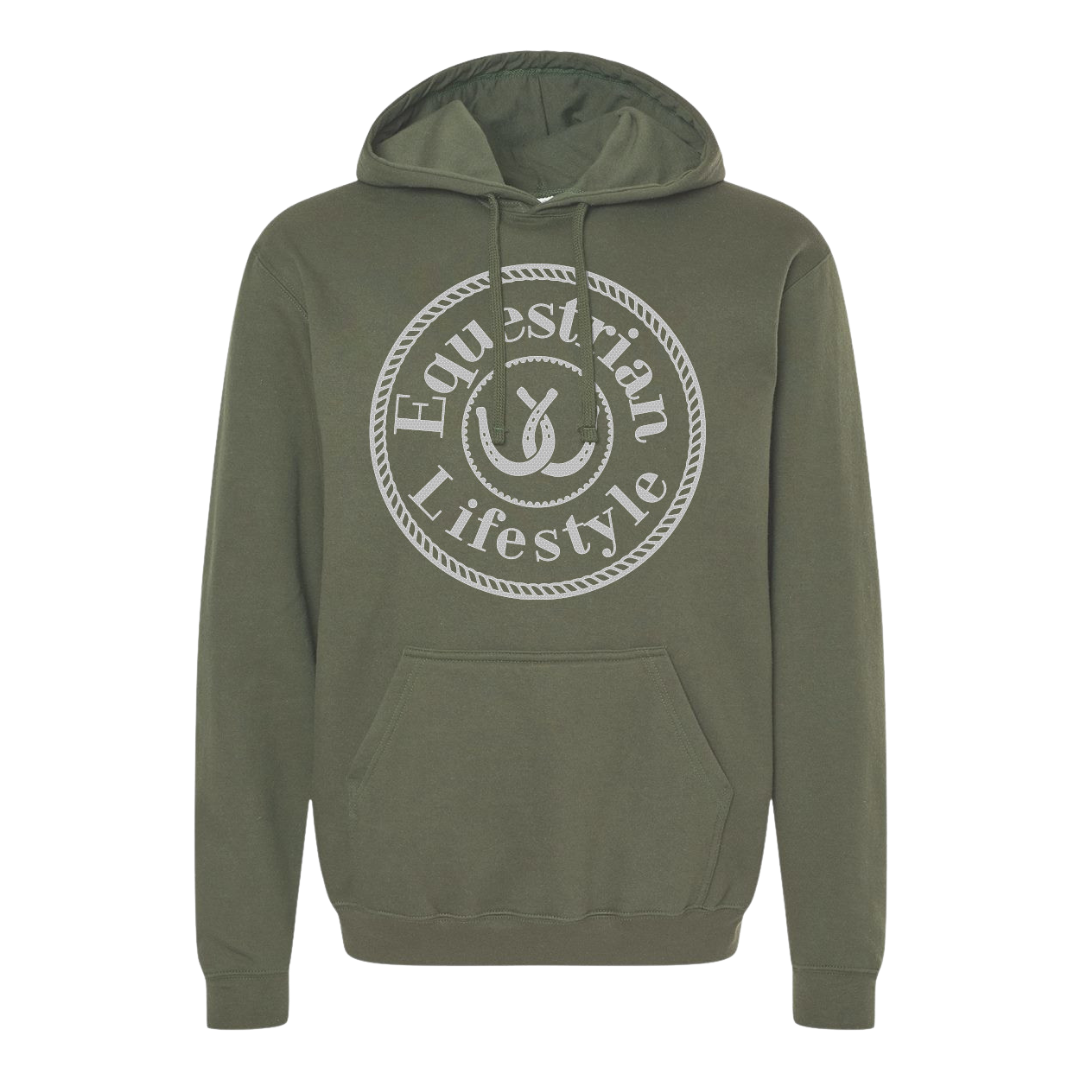 An olive green pullover hoodie with a white circular graphic on the chest that reads 'Equestrian Lifestyle' around a horseshoe symbol.
