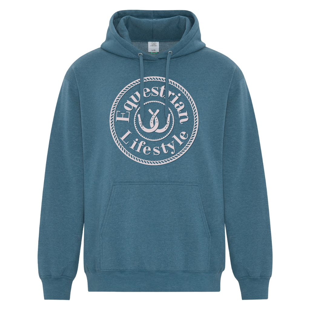 A slate blue pullover hoodie with a white circular graphic on the chest that reads 'Equestrian Lifestyle' around a horseshoe