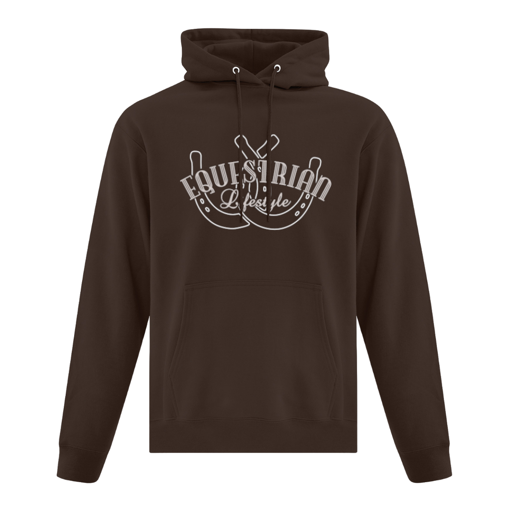 A dark brown pullover hoodie with a white graphic on the chest reading 'EQUESTRIAN Lifestyle' featuring a horseshoe 
