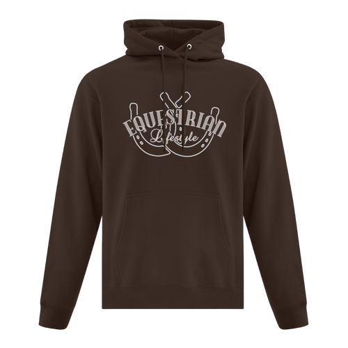 A dark brown pullover hoodie with a white graphic on the chest reading 'EQUESTRIAN Lifestyle' featuring a horseshoe 