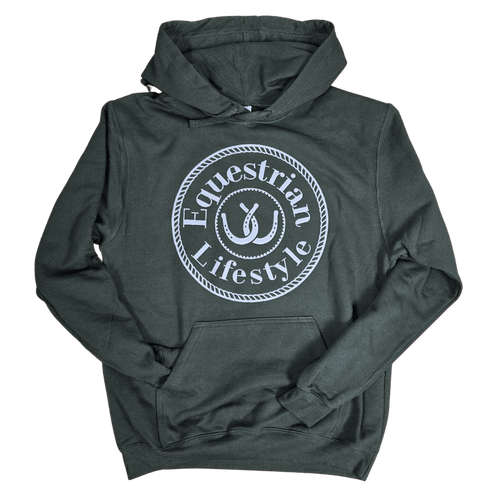 A dark  green pullover hoodie with a white circular graphic on the chest that reads 'Equestrian Lifestyle' around a horseshoe symbol, displayed against a solid white background.
