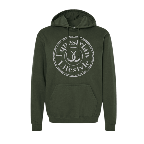 A green pullover hoodie with a white circular graphic on the chest that reads 'Equestrian Lifestyle' around a horseshoe illustration, shown against a plain white background.