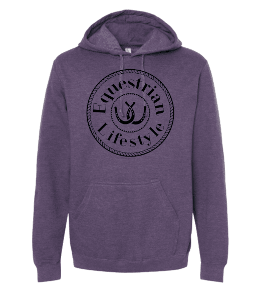 A heather purple pullover hoodie with a black circular graphic on the chest that reads 'Equestrian Lifestyle' around a horseshoe illustration, shown on a plain white background.