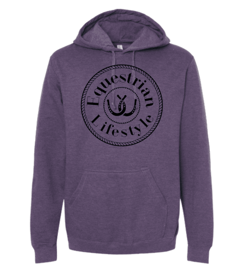 A heather purple pullover hoodie with a black circular graphic on the chest that reads 'Equestrian Lifestyle' around a horseshoe illustration, shown on a plain white background.