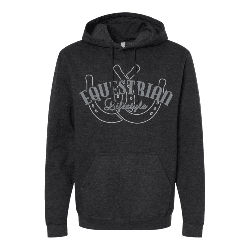 A dark heather gray hoodie with a light gray graphic on the chest featuring  two horseshoes with the text 'EQUESTRIAN Lifestyle' written across them.