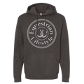 A dark heather gray pullover hoodie with a white circular graphic on the chest that reads 'Equestrian Lifestyle' around a horseshoe, shown on a plain white background.