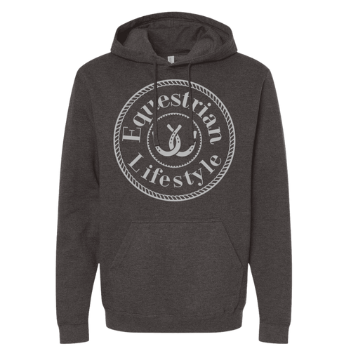 A dark heather gray pullover hoodie with a white circular graphic on the chest that reads 'Equestrian Lifestyle' around a horseshoe, shown on a plain white background.