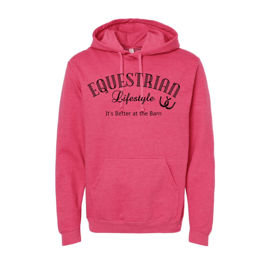 A heather pink pullover hoodie with a black graphic print on the chest reading 'EQUESTRIAN Lifestyle It's Better at the Barn' with a small horseshoe icon, shown on a plain white background.