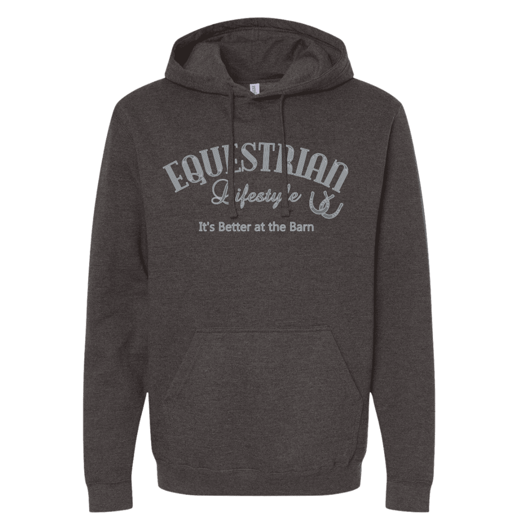 A dark heather gray pullover hoodie with a front kangaroo pocket and drawstring hood, featuring a light gray graphic print on the chest that reads 'EQUESTRIAN Lifestyle' and 'It's Better at the Barn'.