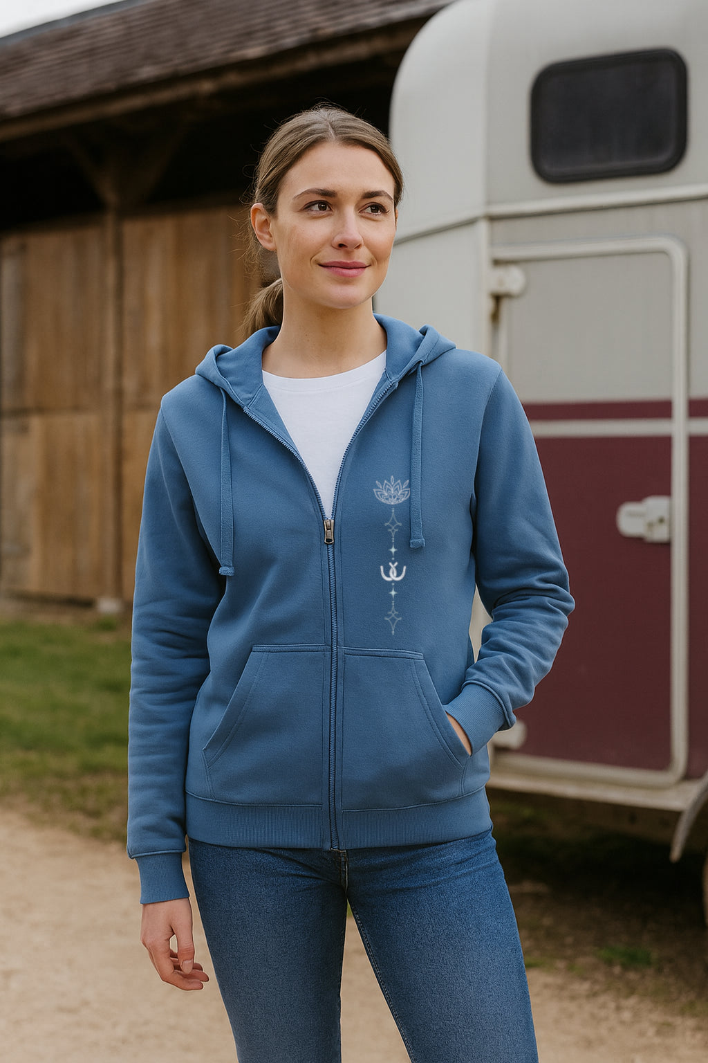 A woman wearing a blue zip-up hoodie with an equestrian-themed graphic and blue jeans, standing outdoors in front of a rustic wooden barn and a horse trailer.