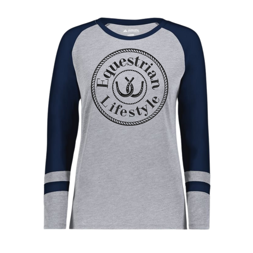 A women's long-sleeve raglan t-shirt in heather gray and navy blue, featuring a black circular 'Equestrian Lifestyle' graphic on the chest with a horseshoe