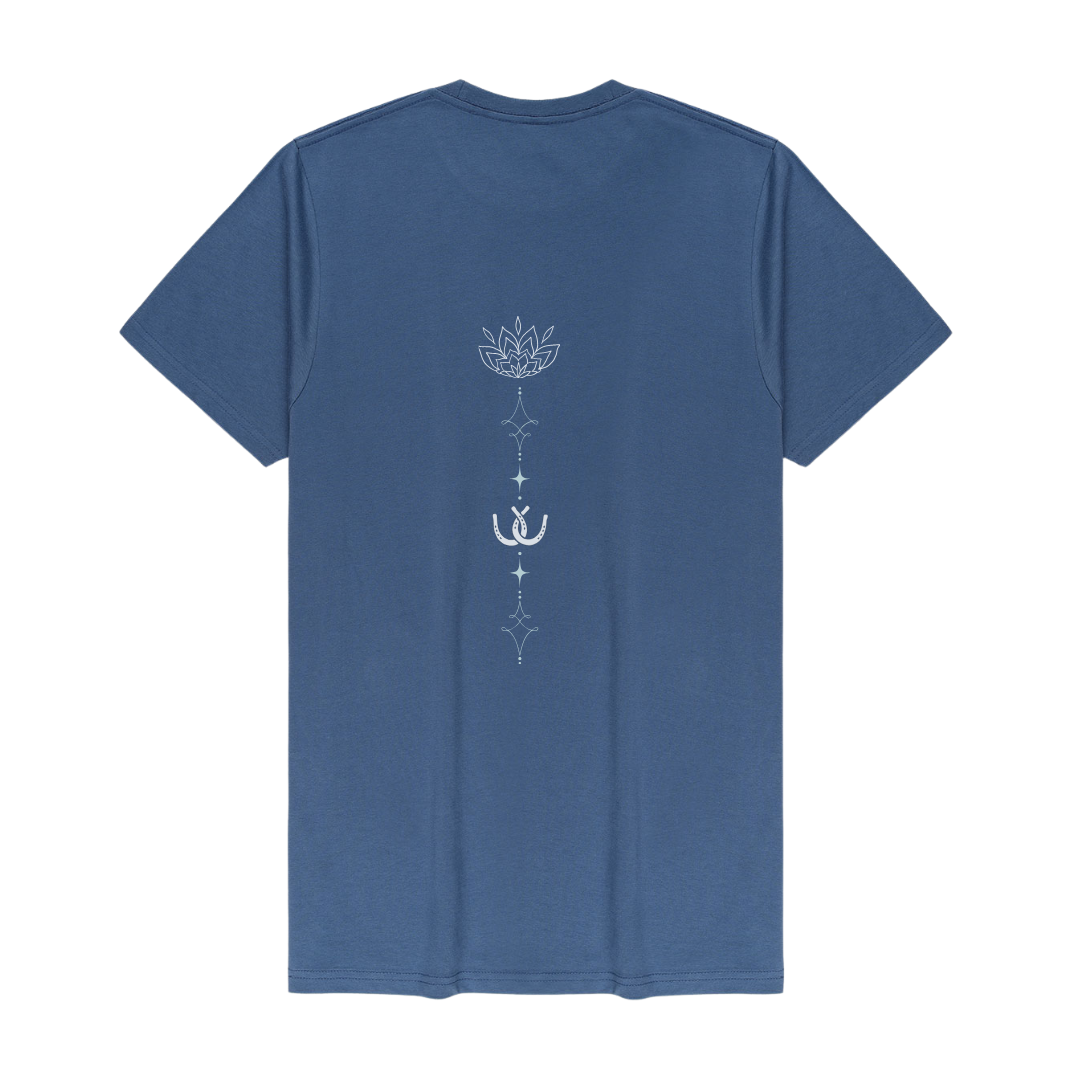 A blue short-sleeve t-shirt shown from the back, featuring a vertical white graphic print with a lotus flower, stars, and a horseshoe in the center.