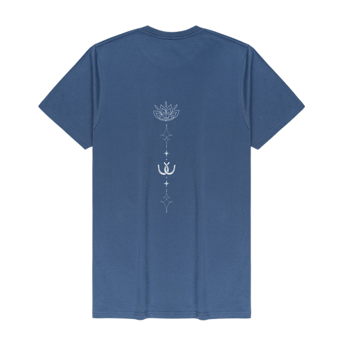 A blue short-sleeve t-shirt shown from the back, featuring a vertical white graphic print with a lotus flower, stars, and a horseshoe in the center.