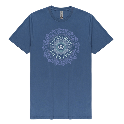 A blue short-sleeve crewneck t-shirt with a circular mandala-style graphic on the chest reading 'EQUESTRIAN LIFESTYLE' in light blue and white.
