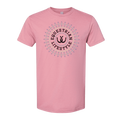 A pink short-sleeve crewneck t-shirt featuring a circular graphic on the chest with the words 'EQUESTRIAN LIFESTYLE' in black, surrounded by a decorative aztec pattern 