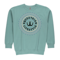 A light teal crewneck sweatshirt featuring a circular graphic on the chest with the words 'EQUESTRIAN LIFESTYLE' and a horse silhouette, surrounded by a geometric aztec  pattern.