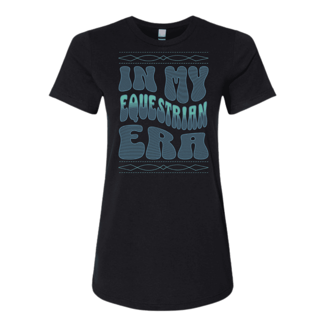 A black short-sleeve crewneck t-shirt with a retro-style graphic on the front reading 'IN MY EQUESTRIAN ERA' in textured teal and light blue lettering, displayed on a clean white background.