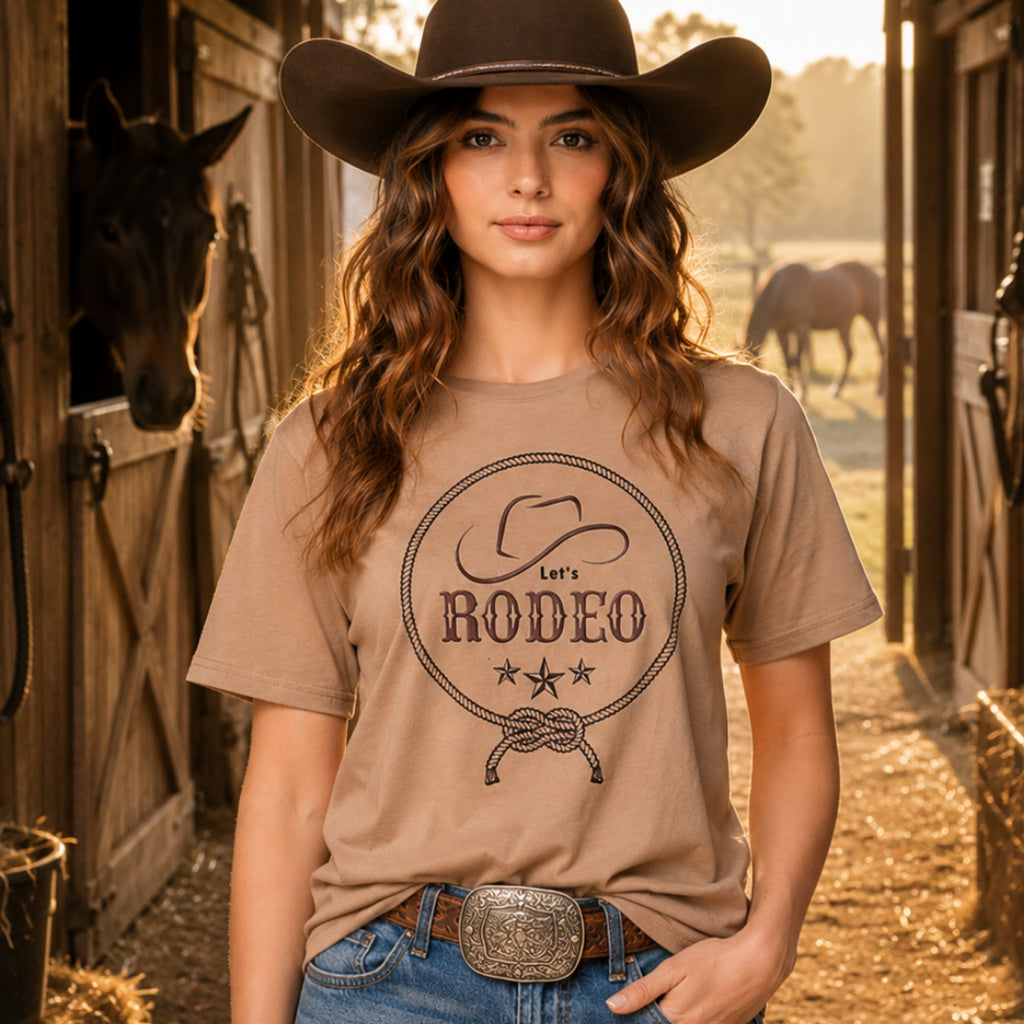 A woman wearing a brown cowboy hat and a tan graphic t-shirt that reads 'Let's RODEO' with a cowboy hat and rope design, standing in a sunlit barn aisle with horses in the background.