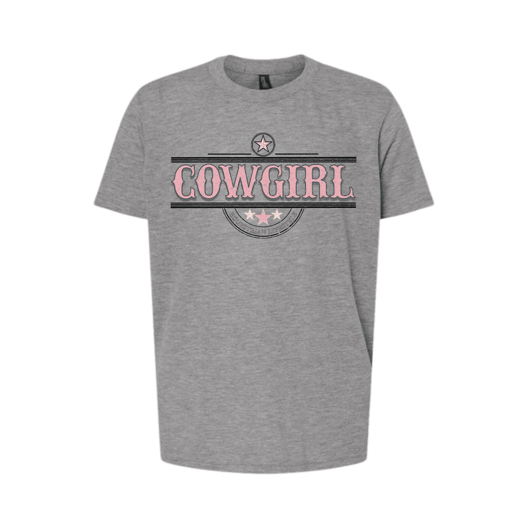 A heather gray short-sleeve t-shirt with a graphic on the chest featuring the word 'COWGIRL' in pink letters inside a distressed black and gray banner design with a star emblem above.