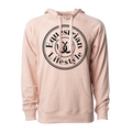 A light peach-pink pullover hoodie with a black circular graphic on the chest reading 'Equestrian Lifestyle' around a horseshoe, shown on a plain white background.