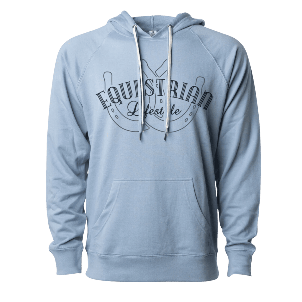 Equestrian Lifestyle Lightweight Hoodie – Misty Blue Horseshoe Phrase