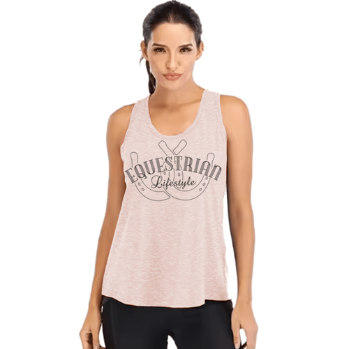 A woman modeling a sleeveless heather light pink tank top with a dark gray graphic that reads 'Equestrian Lifestyle' with horseshoes, against a plain white background.
