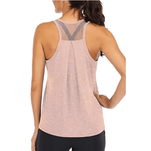 Rear view of a woman wearing a heathered light pink athletic tank top with a mesh V-back design, paired with black leggings, against a plain white background.